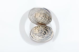 Ukrainian money. Five grivna hryvnia new coins isolated on white. Money of Ukraine. Ukrainian national currency. close-up