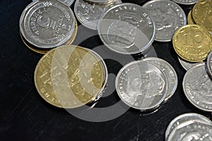 Ukrainian money, metal change, white and yellow coins of 10, 25, 50 kopecks, 1, 2, 5, 10 hryvnias