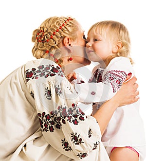 Ukrainian mother and daughter hugging