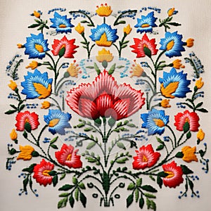 Ukrainian national cross-stitch on white homemade linen