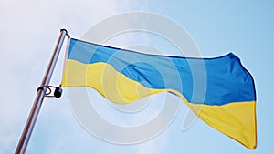 Ukrainian National Flag Unfurling Against Sky Backdrop