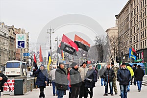Kiev, Ukraine. Ukrainian nationalists demonstrate in the city center with the UPA flags .