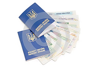 Ukrainian passports on a background of travel visas