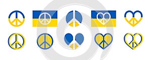 Ukrainian peace sign symbol set. Support for Ukraine icons set in yellow blue colors. Ukrainian sign, symbol or sticker