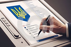 Ukrainian person is writing on computer screen with a blue