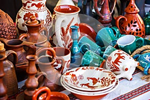 Ukrainian pottery. Pottery museum in Ukrainian village Oposhnya, center of Ukrainian pottery production. Different pottery