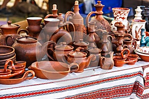 Ukrainian pottery. Pottery museum in Ukrainian village Oposhnya, center of Ukrainian pottery production. Different pottery