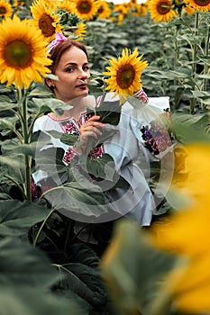 Ukrainian pretty girl in national dress enjoying nature on the field of sunflowers at sunset