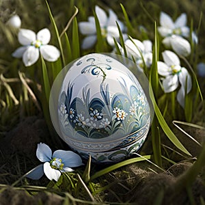 Ukrainian pysanka easter egg with snowdrops lawn