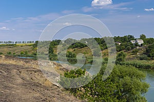 Ukrainian rural landscape with small river Sura near Novo-Nikolaevka village