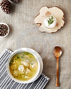 Ukrainian and Russian national dish Pelmeni dumplings with meat