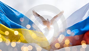 Ukrainian and russian national flags with dove of peace