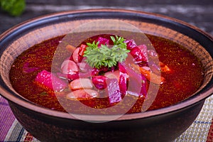 Ukrainian and russian national food - red beet soup, borscht .