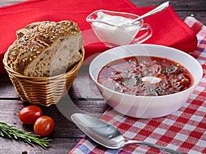 Ukrainian and russian national red soup closeup