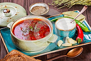 Ukrainian and Russian traditional beetroot soup - borscht in clay pot with sour cream, spice, garlic, pepper, dried herbs and brea