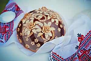 Ukrainian and Russian traditional folk bread for festive accusations