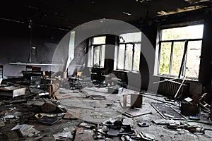 The Ukrainian school was bombed as a result of the attack of the Russian invaders. War and its aftermath concept.