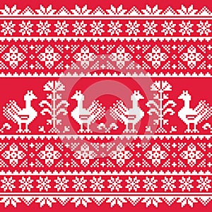 Ukrainian Slavic folk art knitted red emboidery pattern with birds