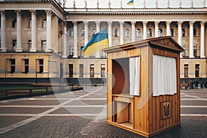 Ukrainian small wooden booth with flag on top it