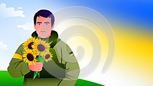 Ukrainian soldier with a bouquet of sunflowers. The Victory of Ukraine
