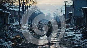 Ukrainian soldier in uniform walking through the heart of a war-ravaged city. The backdrop reveals the devastating aftermath of