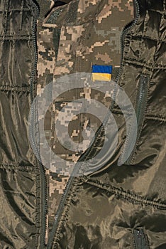 Ukrainian soldier wearing military uniform with flag Ukrainian