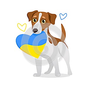 Ukrainian symbol dog Patron. Support Ukraine sticker with a heart-shaped flag