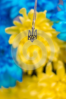 Ukrainian symbol trident on the background of blue and yellow chrysanthemums. War in Ukraine 2022. State coat of arms of