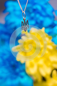 Ukrainian symbol trident on the background of blue and yellow chrysanthemums. War in Ukraine 2022. State coat of arms of