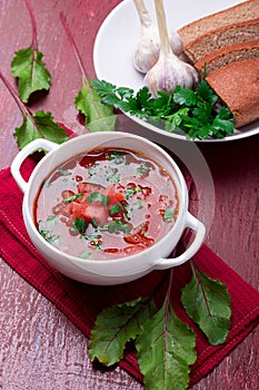 Ukrainian traditional borsch. Russian vegetarian red soup in white bowl on red wooden background. Borscht, borshch with beet.