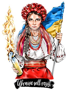 Ukrainian woman holding Molotov cocktail. Girl in traditional Ukrainian clothes and flower wreath on her head.