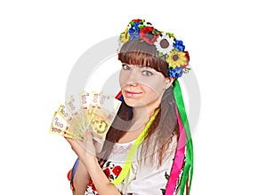 Ukrainian woman with national money hryvna