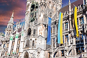 Ukranian flags in Munich, Germany in support against war in Ukraine.