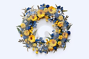 Ukrian Wreath Of Yellow And Blue Flowers On White Background. Generative AI