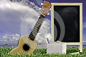 Ukulele with blue sky and Blank Blackboard on green grass.