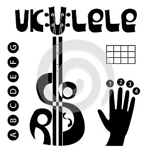 Ukulele chords logo set. Hand, finger numbers, table and letters for chords. Lettering