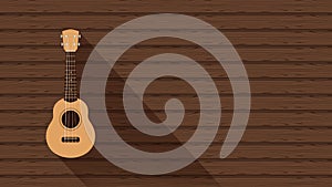 Ukulele cute hanging on a wooden wall background and copy space, small ukelele color wood wall for banner, realistic ukelele for