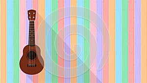 Ukulele cute hanging on a wooden wall pastel colors copy space, small ukelele color wood wall for banner, realistic ukelele for