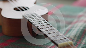 Ukulele in female hands. A woman learns to play the ukulele at home while sitting on the couch.