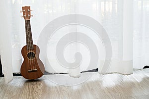 Ukulele on white drape background.