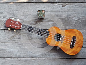 Ukulele on a wooden table.