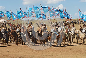 Mongolian horse riders take part in the traditional historical show of Genghis Khan era in Ulaanbaatar, Mongolia.