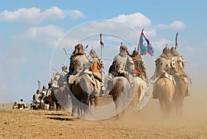 Mongolian horse riders take part in the traditional historical show of Genghis Khan era in Ulaanbaatar, Mongolia.