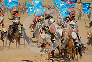 Mongolian horse riders take part in the traditional historical show of Genghis Khan era in Ulaanbaatar, Mongolia.