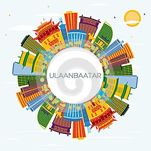 Ulaanbaatar Mongolia City Skyline with Color Buildings, Blue Sky