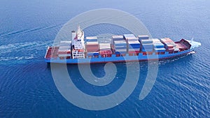 ULCV container ship sails on open water fully loaded with containers and cargo.