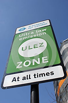 ULEZ sign, London, UK - April 9 2019: ULEZ Ultra low emission zone new charge London prepare for new Ultra Low Emission Zone ULEZ