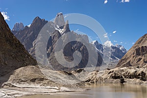 Uli Biafo peak behind Baltoro glacier and lake, K2 trek, Pakistan