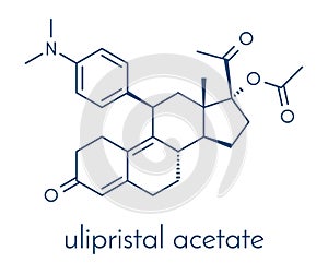 Ulipristal acetate contraceptive drug molecule. Used in emergency contraception tablets morning-after pill. Skeletal formula.