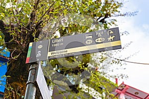 Ulleri sign post in Annapurna Base Camp in the middle of Himalayan Mountain Range at 1960 meters high